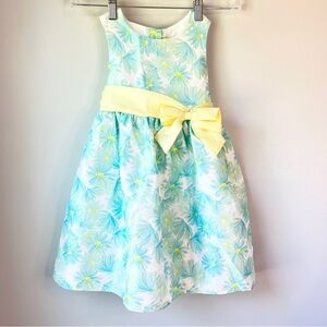 Girls Floral Full Skirt Dress with Yellow Bow